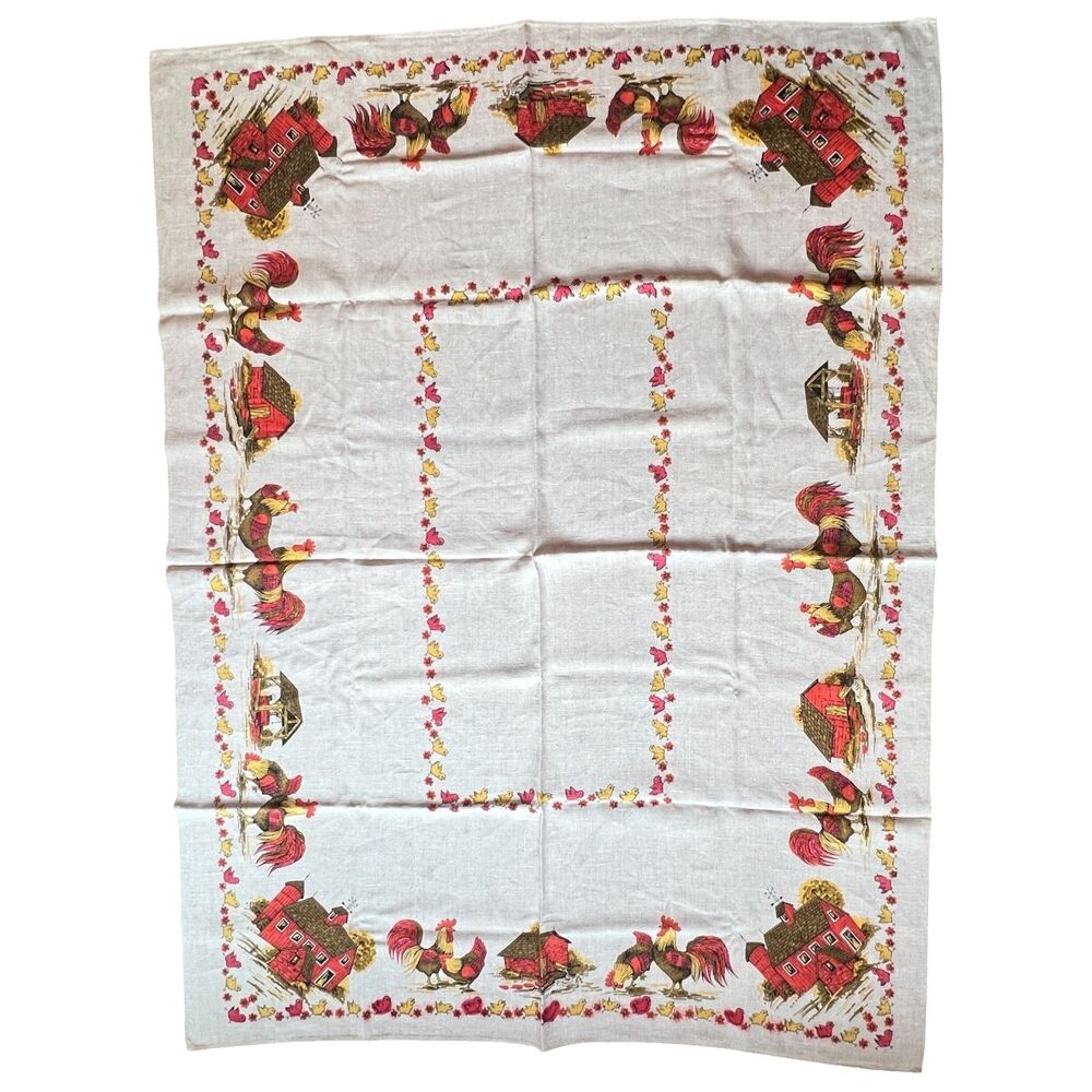 Vintage Farm House Rooster Hens Chickens Tablecloth Rectangular 63"X48" Linen